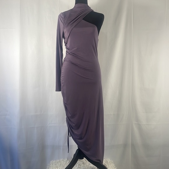 Cutout Detail Ruched Bodycon Dress Mauve Purple,one shoulder,mockneck, Large,NWT - Picture 11 of 11